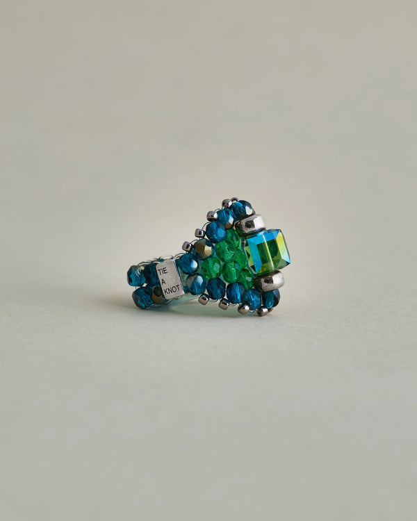 【 TIE A KNOT 】CRYSTAL BEADS RING with SILVER 925 / Green × Blue #11