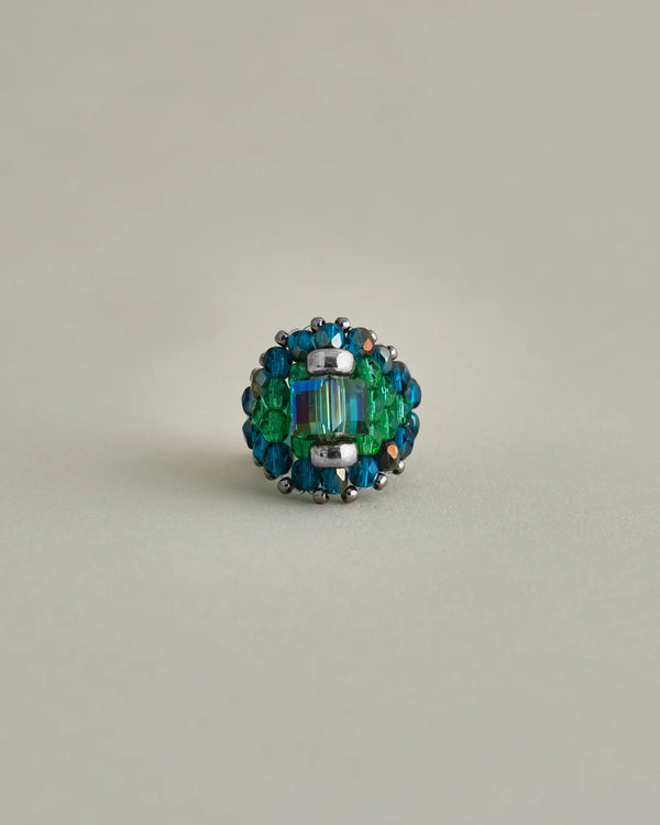 【 TIE A KNOT 】CRYSTAL BEADS RING with SILVER 925 / Green × Blue #11