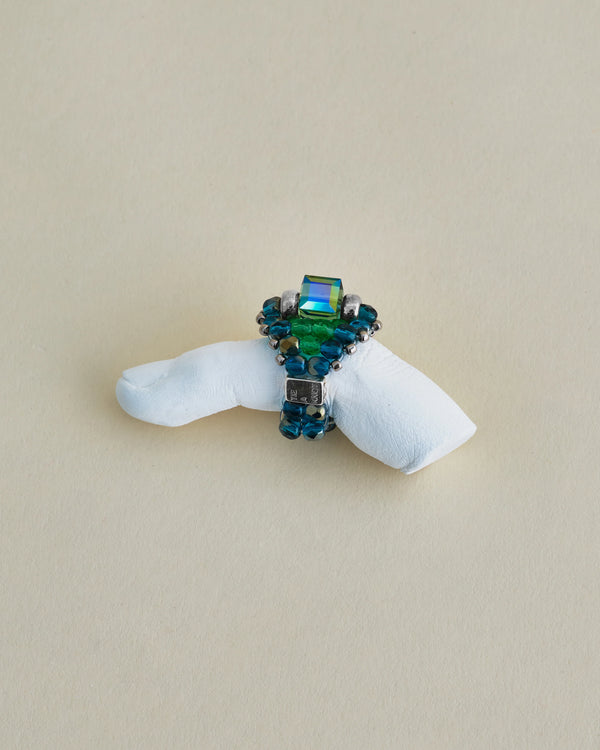 【 TIE A KNOT 】CRYSTAL BEADS RING with SILVER 925 / Green × Blue #11