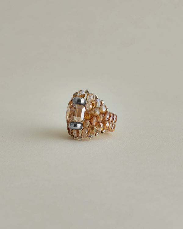 【 TIE A KNOT 】CRYSTAL BEADS RING with SILVER 925 / Beige × Beige #12