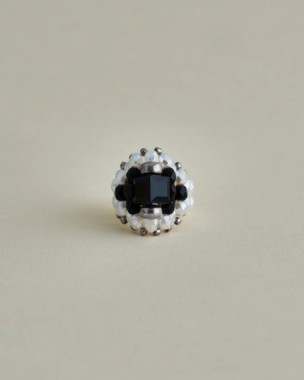 【 TIE A KNOT 】CRYSTAL BEADS RING with SILVER 925 / Black × Pearl #10