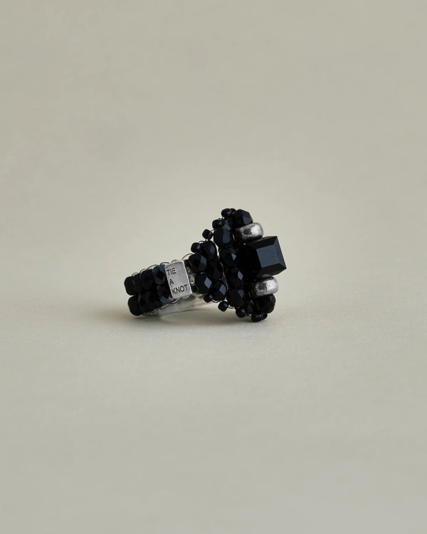 【 TIE A KNOT 】CRYSTAL BEADS RING with SILVER 925 / Black × Black #5