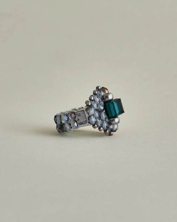 【 TIE A KNOT 】CRYSTAL BEADS RING with SILVER 925 / Emerald × Gray #3