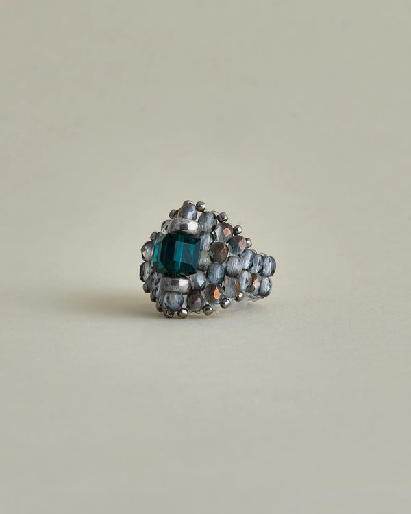 【 TIE A KNOT 】CRYSTAL BEADS RING with SILVER 925 / Emerald × Gray #3