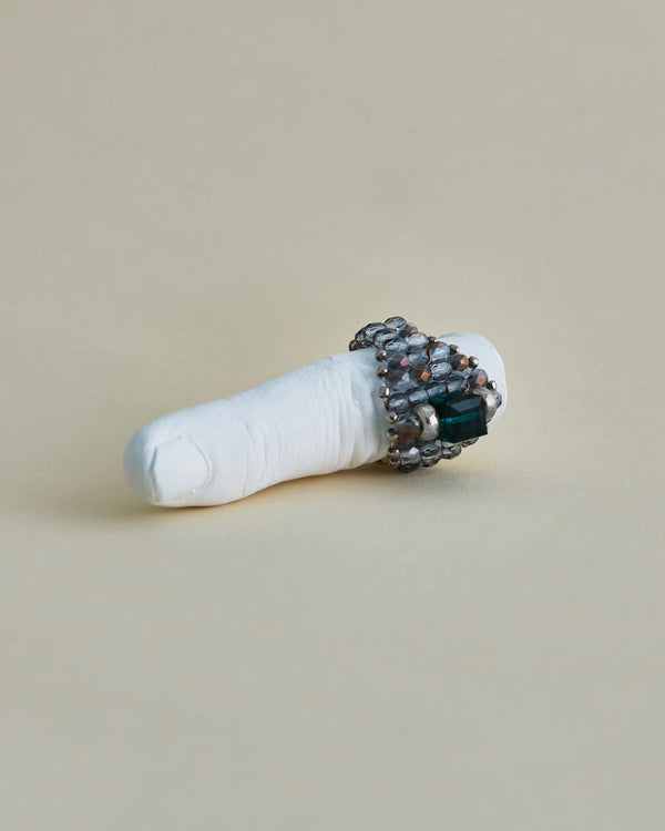 【 TIE A KNOT 】CRYSTAL BEADS RING with SILVER 925 / Emerald × Gray #3