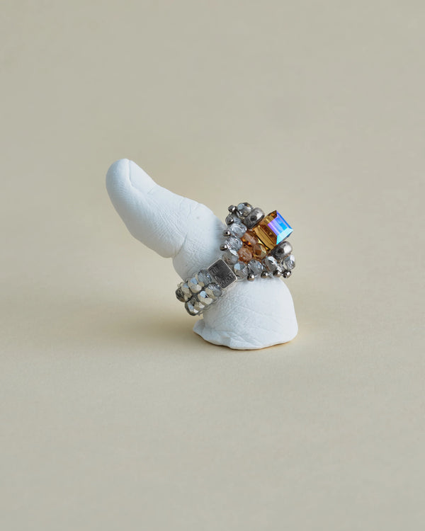 【 TIE A KNOT 】CRYSTAL BEADS RING with SILVER 925 / Beige × Clear #2