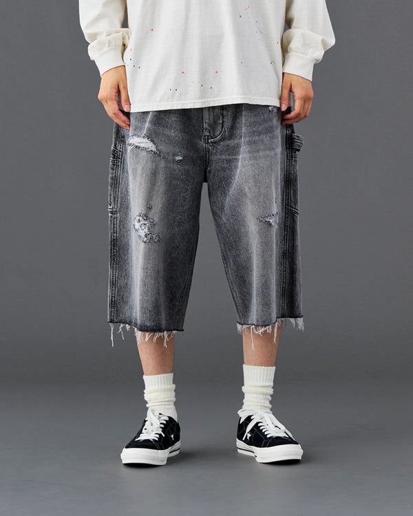 【 Liberaiders 】DAMAGED DENIM BUGGY SHORTS / Black