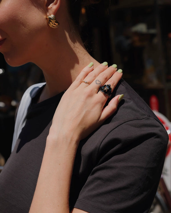 【 TIE A KNOT 】CRYSTAL BEADS RING with SILVER 925 / Black × Black #5