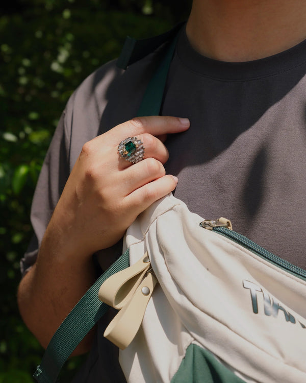 【 TIE A KNOT 】CRYSTAL BEADS RING with SILVER 925 / Emerald × Gray #3