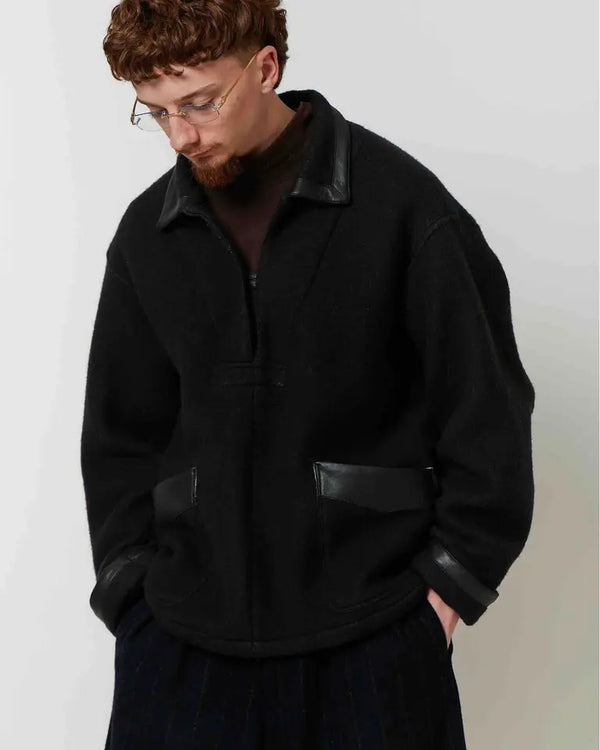 【m's braque】FAUX LEATHER TRIM OVERSIZED PULLOVER / Black