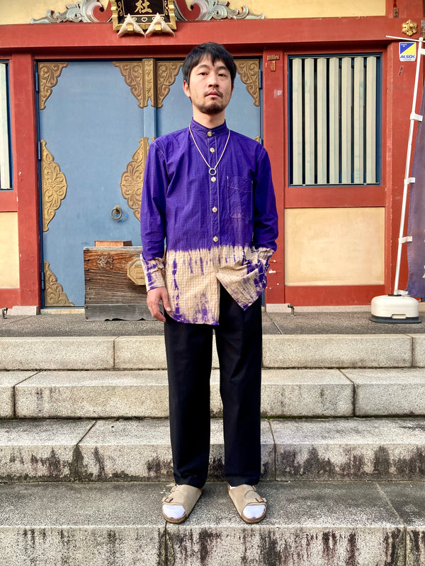 【YOTA TOKI】CUT-OFF BAND COLLAR SHIRT / PURPLE × BEIGE CHECK