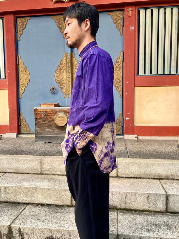 【YOTA TOKI】CUT-OFF BAND COLLAR SHIRT / PURPLE × BEIGE CHECK