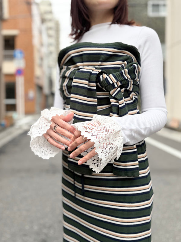【 RhodolirioN 】TWO-WAYS SPENCER BASQUE SHIRT - RANDOM STRIPE - / Olive