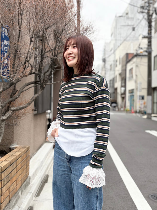 【 RhodolirioN 】TWO-WAYS SPENCER BASQUE SHIRT - RANDOM STRIPE - / Olive