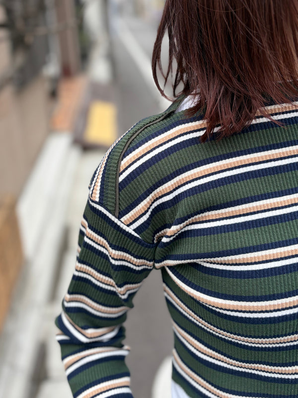 【 RhodolirioN 】TWO-WAYS SPENCER BASQUE SHIRT - RANDOM STRIPE - / Olive