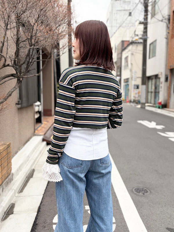 【 RhodolirioN 】TWO-WAYS SPENCER BASQUE SHIRT - RANDOM STRIPE - / Olive