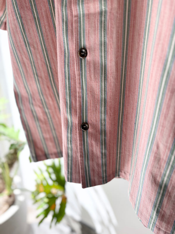 【frank leder / フランクリーダー】OPEN COLLAR SHIRT - VINTAGE FOLK STRIPED COTTON LINEN - / Pink Stripe