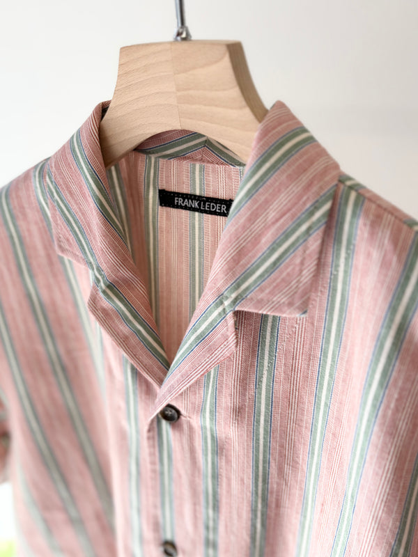 【frank leder / フランクリーダー】OPEN COLLAR SHIRT - VINTAGE FOLK STRIPED COTTON LINEN - / Pink Stripe