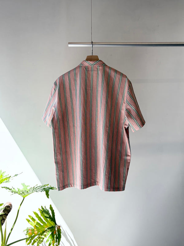 【frank leder / フランクリーダー】OPEN COLLAR SHIRT - VINTAGE FOLK STRIPED COTTON LINEN - / Pink Stripe