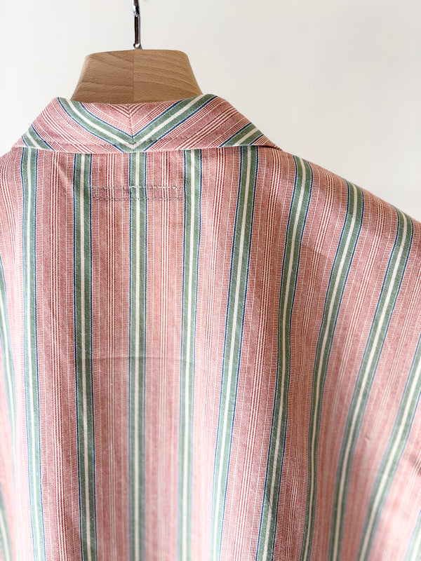 【frank leder / フランクリーダー】OPEN COLLAR SHIRT - VINTAGE FOLK STRIPED COTTON LINEN - / Pink Stripe