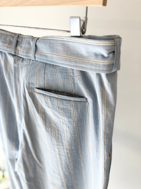 【frank leder / フランクリーダー】WASHED ORGANIC COTTON BELTED 1TUCK WIDE TROUSER / Lt. Blue Stripe