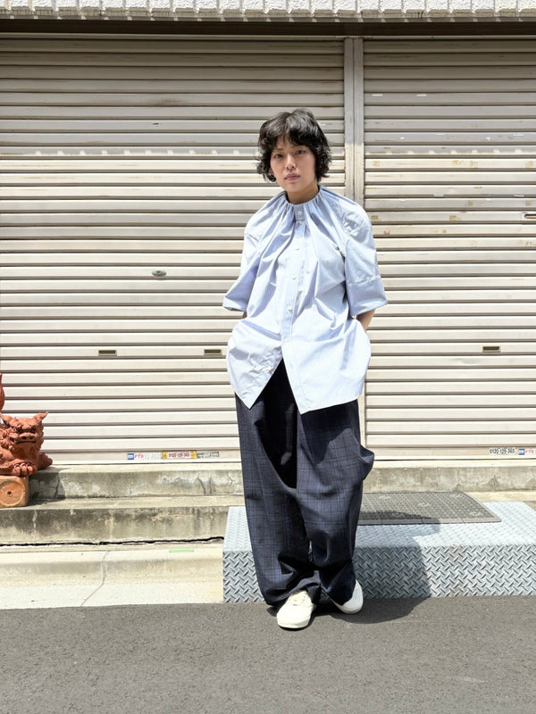 【 HOMMENA 】NO COLLAR HALF SLEEVES SHIRT / Blue Stripe