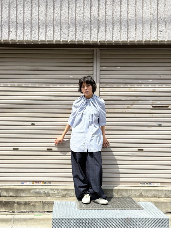 【 HOMMENA 】NO COLLAR HALF SLEEVES SHIRT / Blue Stripe