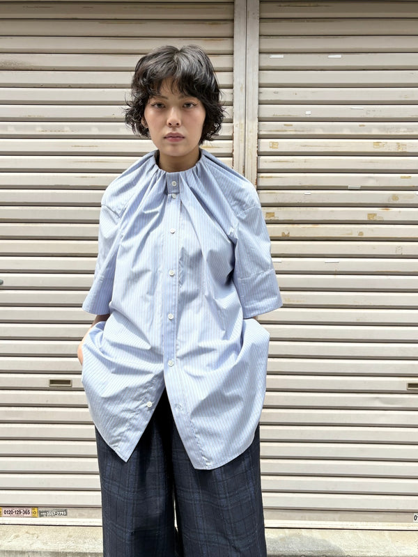 【 HOMMENA 】NO COLLAR HALF SLEEVES SHIRT / Blue Stripe