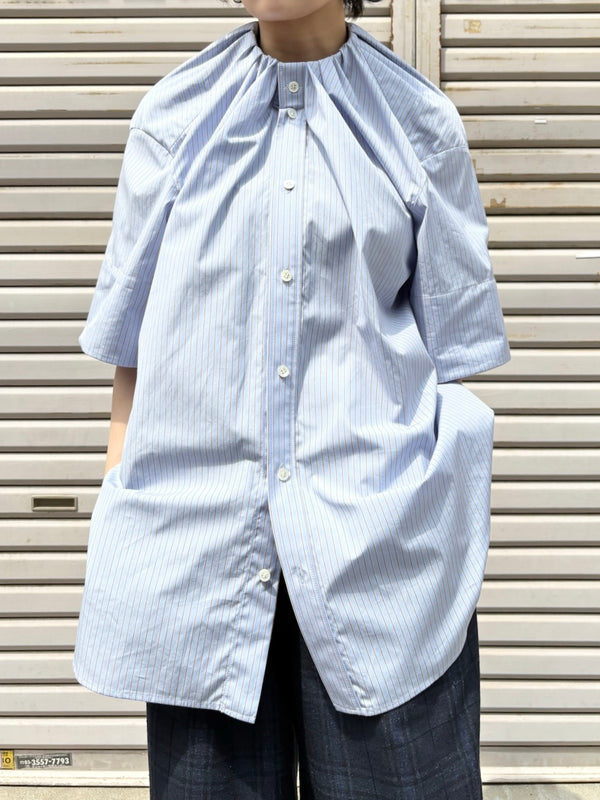 【 HOMMENA 】NO COLLAR HALF SLEEVES SHIRT / Blue Stripe