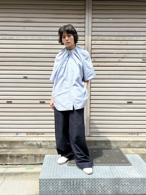 【 HOMMENA 】NO COLLAR HALF SLEEVES SHIRT / Blue Stripe