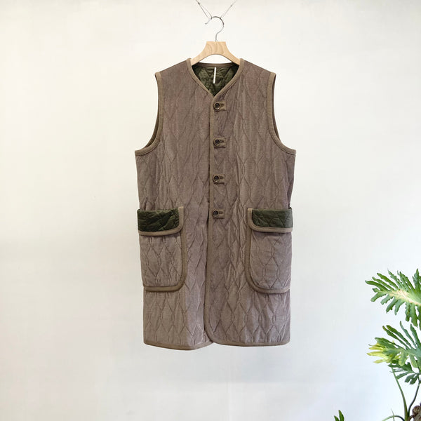 【m's braque】SILK-LOFT QUILTING CAR LONG VEST / Mocha Mesh × Khaki Trim