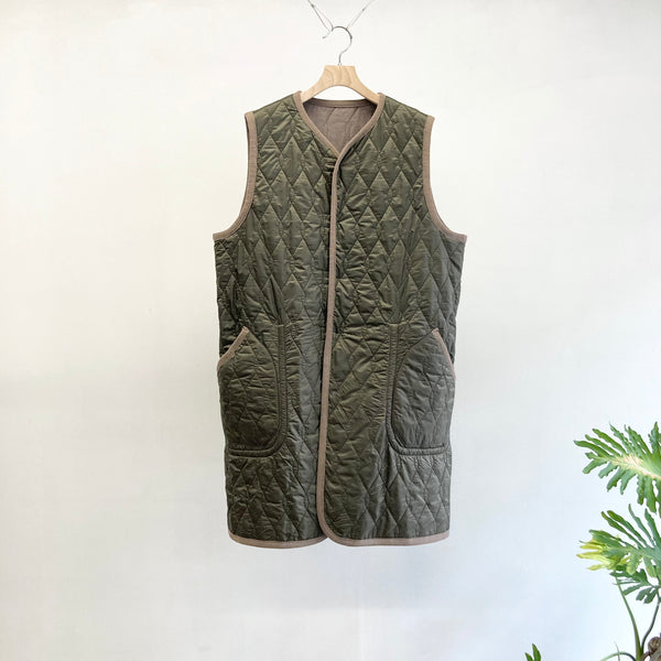 【m's braque】SILK-LOFT QUILTING CAR LONG VEST / Mocha Mesh × Khaki Trim