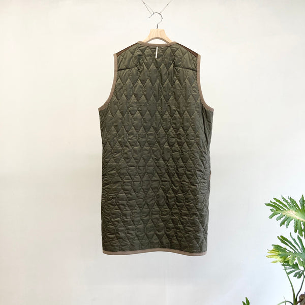 【m's braque】SILK-LOFT QUILTING CAR LONG VEST / Mocha Mesh × Khaki Trim