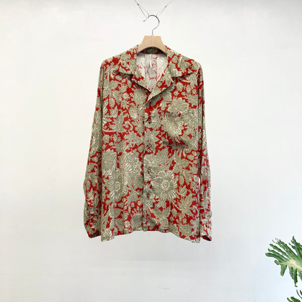 【m's braque】LONG SLEEVE ALOHA SHIRT / Red × Khaki Ethnic Pattern