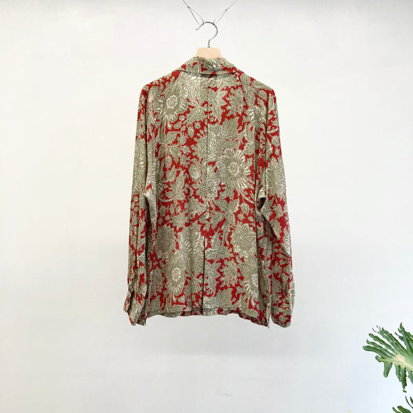 【m's braque】LONG SLEEVE ALOHA SHIRT / Red × Khaki Ethnic Pattern