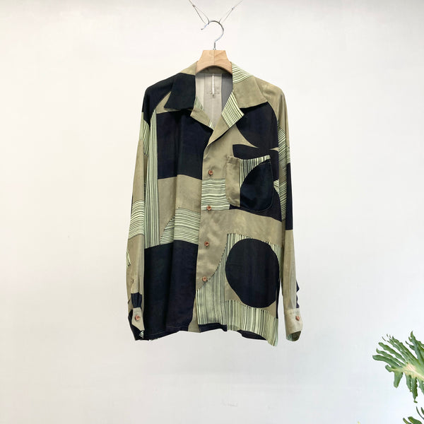 【m's braque】LONG SLEEVE ALOHA SHIRT / Khaki × Black Geometric Pattern