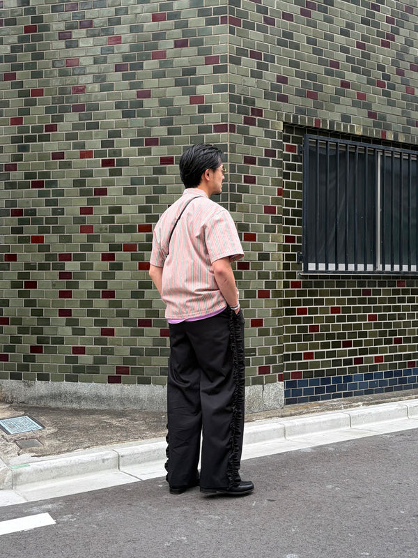 【frank leder / フランクリーダー】OPEN COLLAR SHIRT - VINTAGE FOLK STRIPED COTTON LINEN - / Pink Stripe