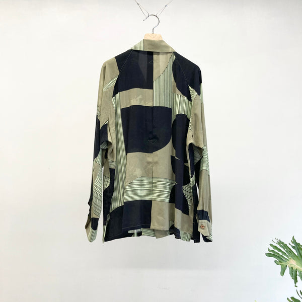 【m's braque】LONG SLEEVE ALOHA SHIRT / Khaki × Black Geometric Pattern