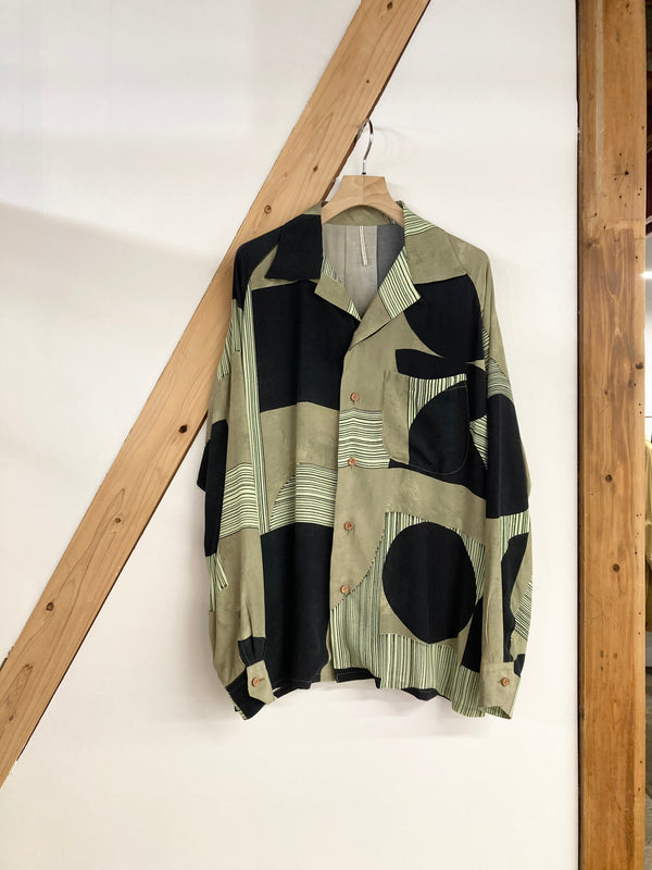 【m's braque】LONG SLEEVE ALOHA SHIRT / Khaki × Black Geometric Pattern