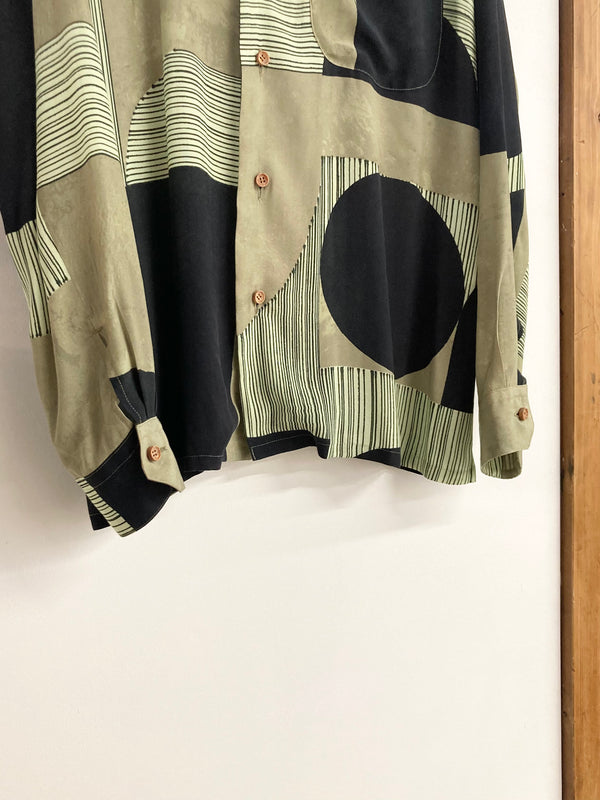 【m's braque】LONG SLEEVE ALOHA SHIRT / Khaki × Black Geometric Pattern