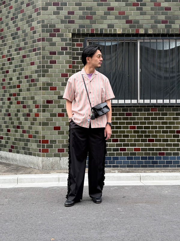 【frank leder / フランクリーダー】OPEN COLLAR SHIRT - VINTAGE FOLK STRIPED COTTON LINEN - / Pink Stripe