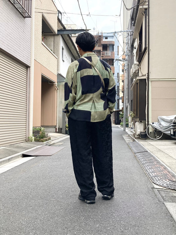 【m's braque】LONG SLEEVE ALOHA SHIRT / Khaki × Black Geometric Pattern