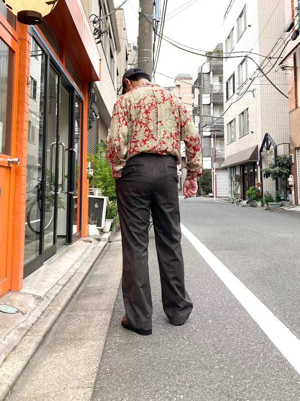 【m's braque】LONG SLEEVE ALOHA SHIRT / Red × Khaki Ethnic Pattern