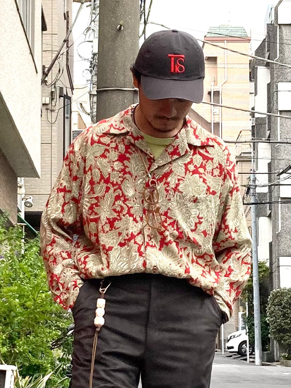 【m's braque】LONG SLEEVE ALOHA SHIRT / Red × Khaki Ethnic Pattern