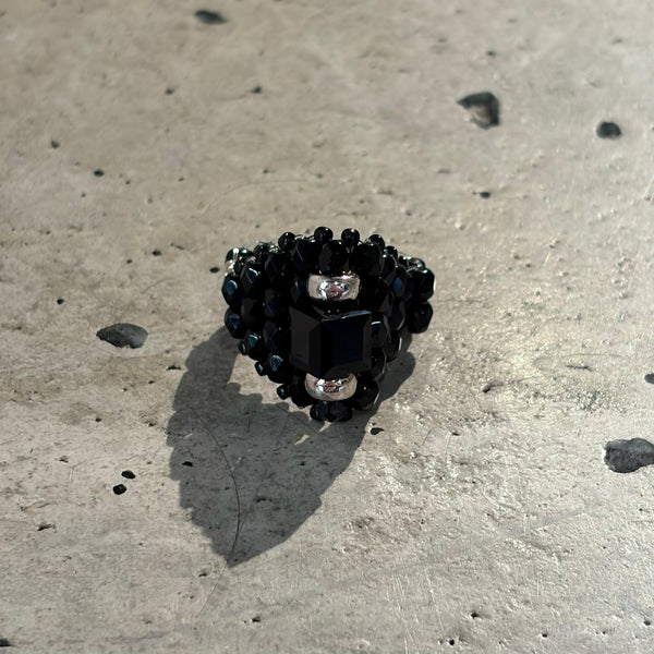 【 TIE A KNOT 】CRYSTAL BEADS RING with SILVER 925 / Black × Black #5