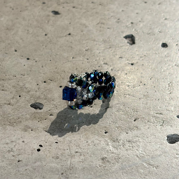 【 TIE A KNOT 】CRYSTAL BEADS RING "S" with SILVER 925 / Blue × Navy #3
