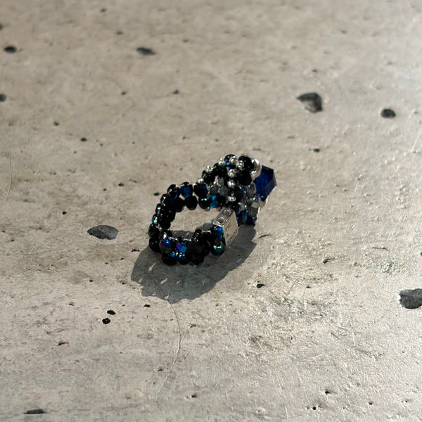 【 TIE A KNOT 】CRYSTAL BEADS RING "S" with SILVER 925 / Blue × Navy #3