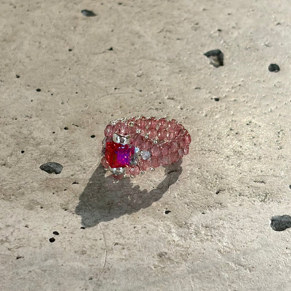 【 TIE A KNOT 】CRYSTAL BEADS RING "S" with SILVER 925 / Red × Pink #4