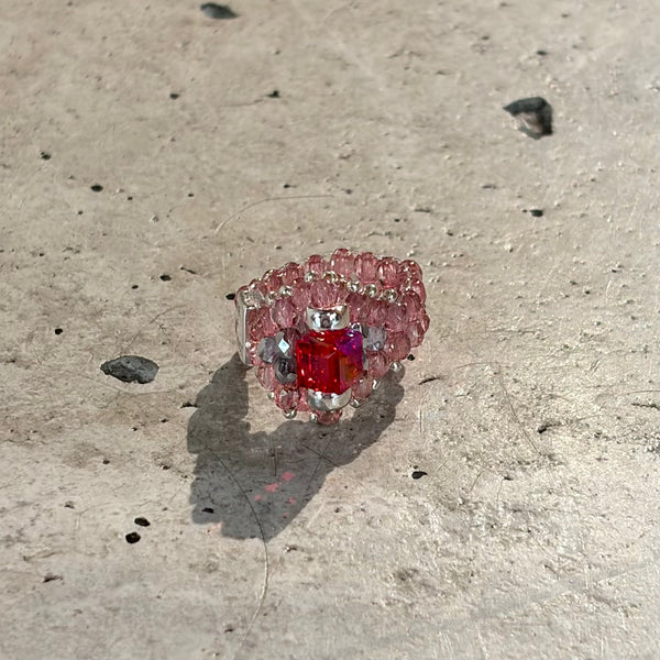 【 TIE A KNOT 】CRYSTAL BEADS RING "S" with SILVER 925 / Red × Pink #4