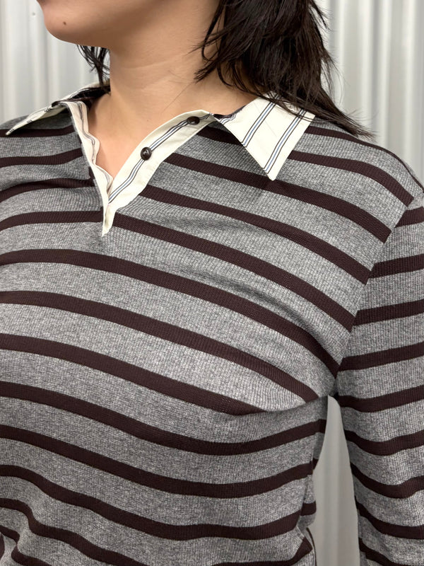 【 BALIA / バーリア 】BORDER SHIRT  / Grey × Brown